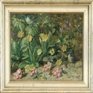 Small Birds By A Bed Of Flowers Small Birds By A Bed Of Flowers