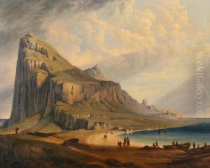 Heinrich Zug.(1809 Dresden -1845 Munchen, Studium An Der Ak Munchen) "blick Auf Die Bucht Vongibraltar", Im Hintergrund Die Stadt Und Der Machtige Felsen, Imvordergrund Personenstaffage, Fischer Und Reiter, Ol Auf Leinwand,50 X 61, Ehemals Monogrammiert H by Heinrich Schonfeld