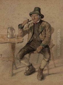 Pfeife Rauchender Bauer Am Tisch by Alois Schonn