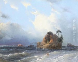 Marine With Steamer Near A Rock by Aegidius Schonstedt