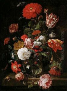 A Still Life Of Tulips, Roses, Blackberries, And Other Flowers In A Glass Vase, On A Stone Ledge by Hendrick Schoock