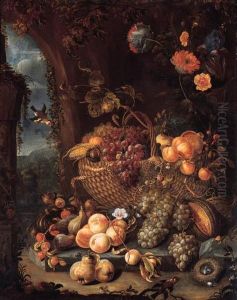 A Basket Of Grapes And Other Fruit On A Stone Ledge With Peaches,grapes, Pears, Melons, Figs And Flowers By A Wall, Bull-finches Anda Nest Nearby by Hendrick Schoock
