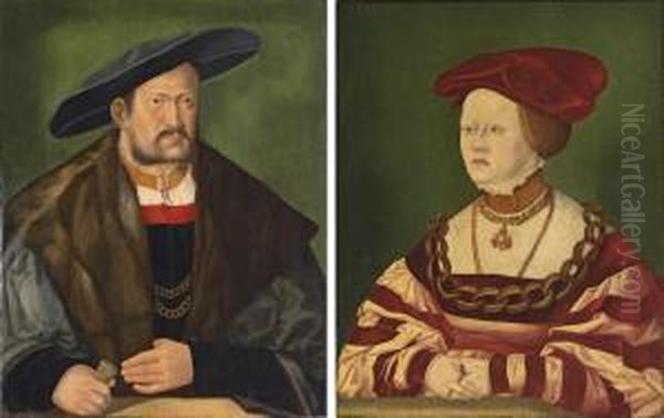 Portrait Of A Gentleman, Half-length, In A Black Doublet And Hat, And A Fur-lined Silk Mantle, Holding A Document, At A Ledge; And Portrait Of A Lady, In A Red Dress And Head-dress, With Gold Chains And A Jewelled Brooch And Rings, At A Ledge - view 1