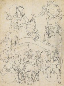 Dekorationsentwurf Mit Allegorischer Darstellung Der Sieben Tugenden Und Herkules In Der Wiege by Giovanni Paolo Schor
