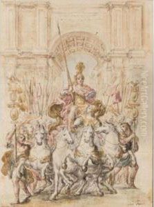 A Triumphal Arch With A Roman Emperor On A Quadriga Surrounded By Legionaries by Giovanni Paolo Schor