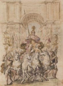 Triumphal Arch With A Roman Emperor On A Quadriga Surrounded by Giovanni Paolo Schor