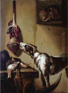 A Kitchen Interior With A Dog Tasting Meat Hanging From The Wall