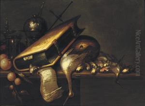 A 'vanitas' With A Book, Birds, Oranges, A Globe, A Candlestick Andan Hourglass On A Wooden Table - view 1