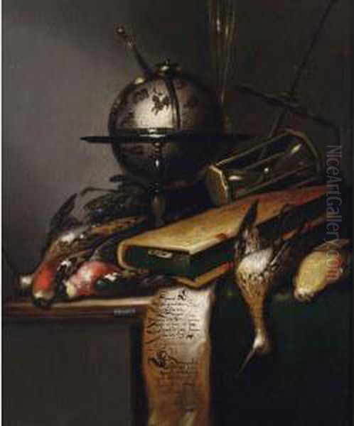 A Vanitas Still Life With Godwits, Robins, A Finch, A Celestial Globe, A Book And An Hourglass. - view 1