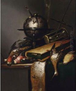 A Vanitas Still Life With Godwits, Robins, A Finch, A Celestial Globe, A Book And An Hourglass. A Vanitas Still Life With Godwits, Robins, A Finch, A Celestial Globe, A Book And An Hourglass.