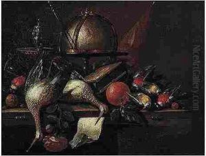 Still Life Of A Globe, A Candlestick, Birds, Hour Glass, Nuts, An Orange And A Rose, Arranged Upon A Wooden Table Top