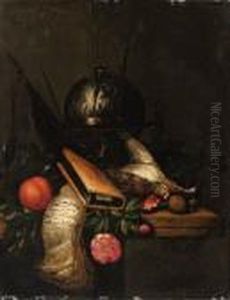 A Celestial Globe, A Banner, A Peach, An Hourglass, Books, Roses, Adead Snipe, A Bullfinch, A Great Tit, A Hazelnut And A Walnut On Atable