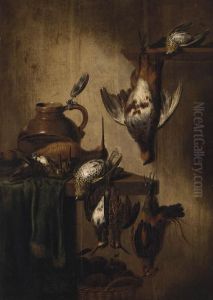 A Dead Partridge, Snipe, Woodcock And Other Birds With A Flask Andwalnuts On A Draped Table, A Basket Of Apples Below by Petrus Schotanus