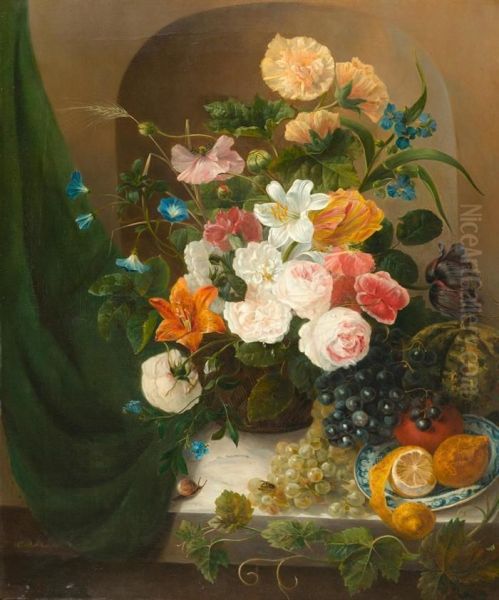 Blumenstilleben Mit Zitronen, Trauben, Melone Und Orange. - view 1