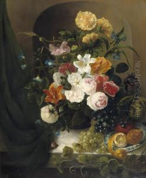 A Colourful Summer Bouquet With Fruit On A Ledge - view 1