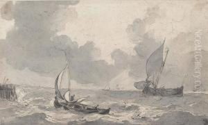 Fishing Boats In A Rough Sea by Johannes Christian Schotel