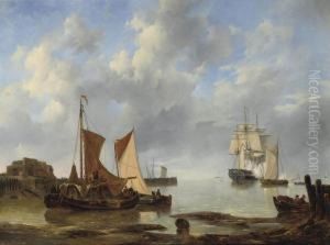 Shipping In An Estuary With A Three-master Saluting In Thedistance