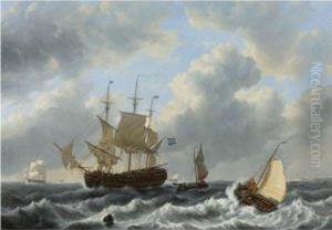 A Threemast And Other Vessels In An Estuary by Johannes Christian Schotel