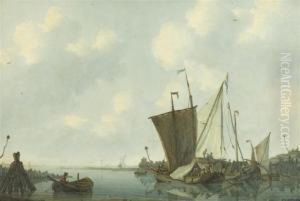 Coastline With Sailing Ships At Anchor by Johannes Christian Schotel