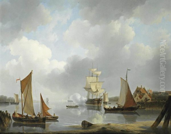 A Frigate Firing A Salute In The Harbor Entrance - view 1