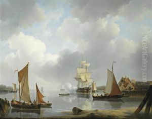 A Frigate Firing A Salute In The Harbor Entrance