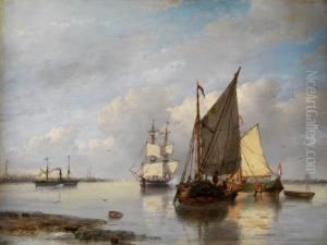 Segelschiffe Und Dampfer In Einer Bucht Nahe Dem Ufer