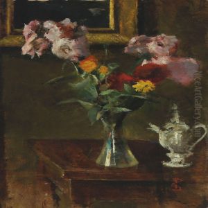 Still Life With Flowers And Flagon by Peter Alfred Schou