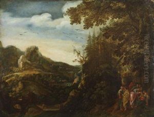 A Wooded Landscape With Christ Healing A Blind Man by Pieter Schoubroeck