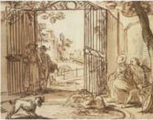 An Amorous Couple Watching A Dog Scaringswans by Aert Schouman