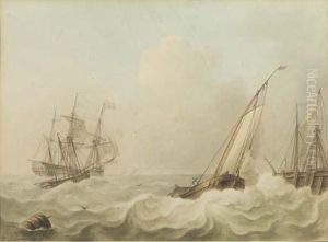 Shipping In Heavy Sea, A Breakwater To The Right by Isaak Schouman