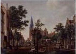 View Of The Groeburgwal, Amsterdam, With The Zuiderkerk In The Distance by Hermanus Petrus Schouten