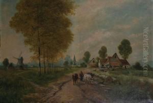 Boerin Met Koeien Op Landweg