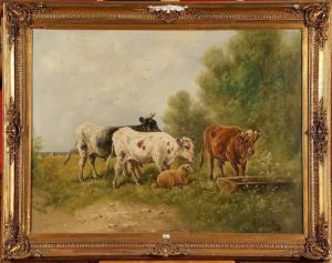 Vaches Et Mouton A L'abreuvoir by Paul Schouten