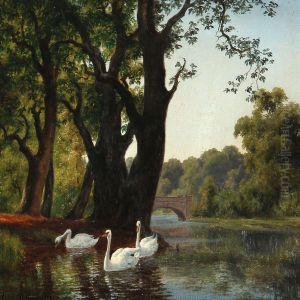 Summer Day With Swans At A Stream Shore by Axel Thorsen Schovelin