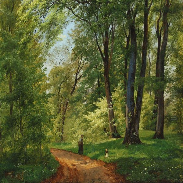Forest Scenery With Mother And Child Picking Flowers - view 1