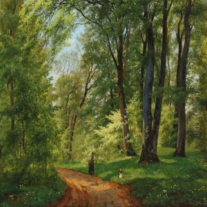 Forest Scenery With Mother And Child Picking Flowers by Axel Thorsen Schovelin