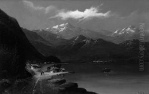A. "gebirgssee". Sign. Ol Auf Lwd. Min. Rest. 67 X 105,5 Cm. Rahmen. Abbildung Seite by Antonio Schrader