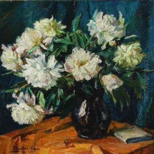 Still Life With Book And Peonys In A Vase by Carl Hans Schrader-Velgen