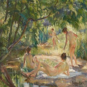 Bading Girlson The River Bank by Carl Hans Schrader-Velgen