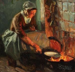 Interior With Woman Cooking Over Open Fire