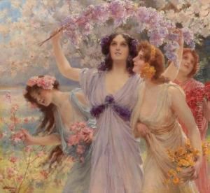Vier Grazien Unter Bluhenden Baumen by Alois Hans Schramm