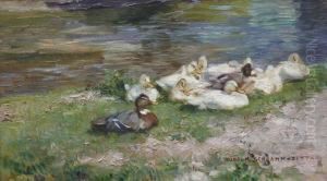 Ruhende Entenschar Am Ufer by Rudolf Schramm-Zittau