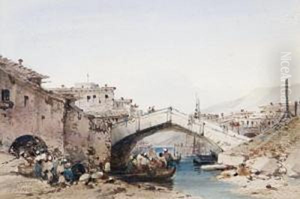 Figures In A Boat By A Bridge - view 1