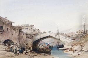 Figures In A Boat By A Bridge by Anton Schranz