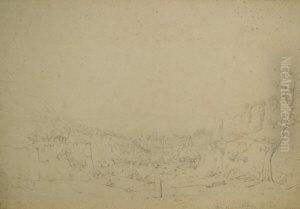 German -- Landscape In The Near East, Possibly Of Tyre, Lebanon, With A Figure Sketching. Woodland And A City With Minarets In The Distance; Pencil, Bears Initials, Inscription And Date, 37x55.3cm by Anton Schranz