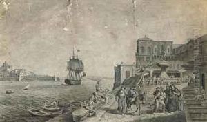 A Busy Day On The Quayside, Valetta, Malta, With A Warship In Theharbour Beyond by Johann Schranz