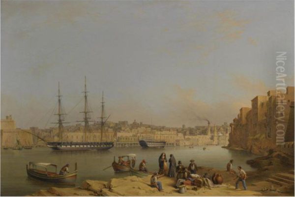Hms Leander At Anchor In Dockyard Creek, Valetta Harbour, Aman-of-war Being Fitted Out Beyond - view 1