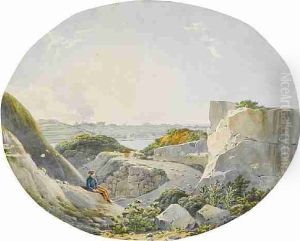 A Figure Seated By A Road With Victoria, Gozo Beyond by Josef Schranz