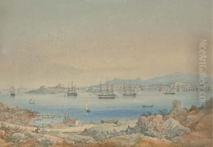 A View Of Corfu Harbor From The Mainland With The Fleet At Anchor