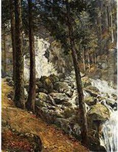 Waldlandschaft Mit Blick Auf Einen Felsigen Wasserfall Unter Baumen by Friedrich Wilhelm Schreiner